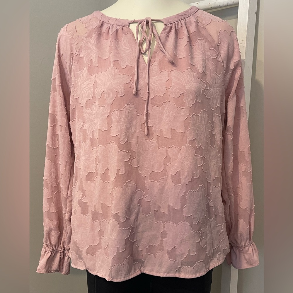 Skies Are Blue small blouse lantern sleeve relaxed frill floral tie neck - Picture 2 of 12